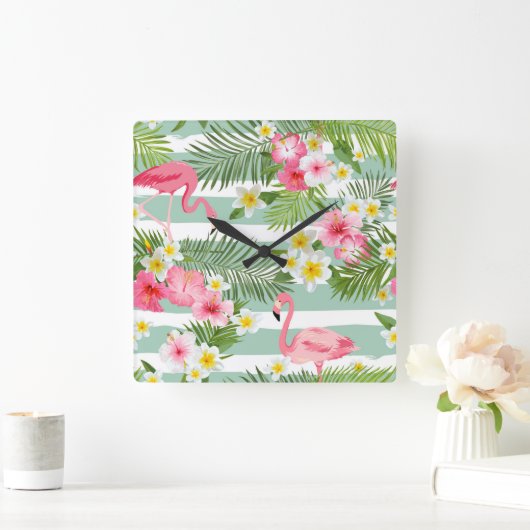 Flamingos en Stripes Vierkante Klok (Huis)