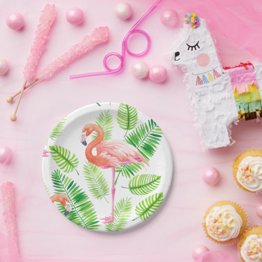 Flamingos en tropische bladeren papieren bordje (Feest)