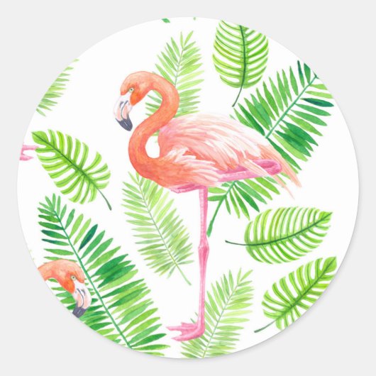 Flamingos en tropische bladeren ronde sticker (Voorkant)