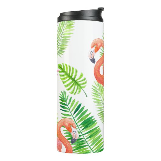 Flamingos en tropische bladeren thermosbeker (Gedraaid links)