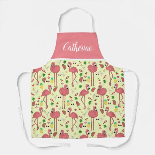 Flamingos en zomerthema met naam - Geel Schort (Voorkant)