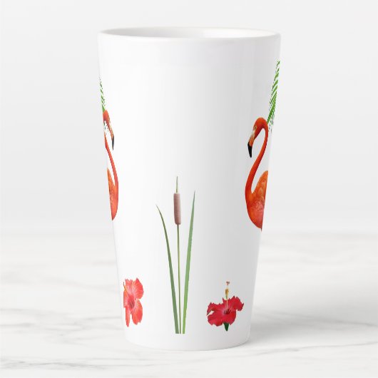 Flamingos, hibiscus en palmbladeren latte mok (Voorkant)