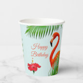 Flamingos, hibiscus en palmbladeren op lichtblauw papieren bekers (Achterkant)