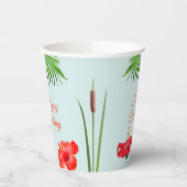 Flamingos, hibiscus en palmbladeren op lichtblauw papieren bekers (Links)