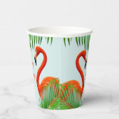 Flamingos, hibiscus en palmbladeren op lichtblauw papieren bekers (Rechts)
