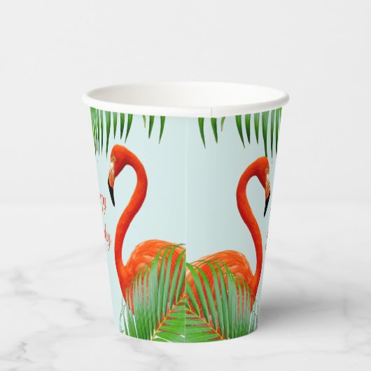 Flamingos, hibiscus en palmbladeren op lichtblauw papieren bekers (Rechts)