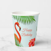 Flamingos, hibiscus en palmbladeren op lichtblauw papieren bekers (Voorkant)