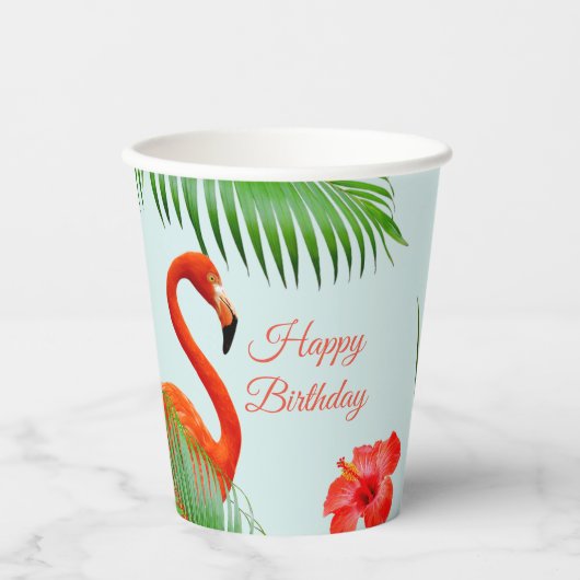 Flamingos, hibiscus en palmbladeren op lichtblauw papieren bekers (Voorkant)