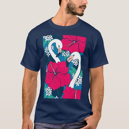 Flamingos, hibiskus en tropische bladeren t-shirt (Voorkant)