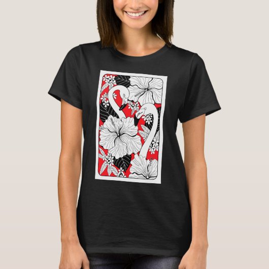 Flamingos, hibiskus en tropische bladeren t-shirt (Voorkant)
