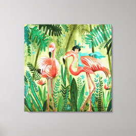 Flamingo's in de galerij van het tropische oerwoud canvas afdruk