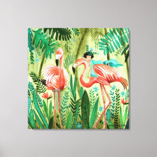 Flamingo's in de galerij van het tropische oerwoud canvas afdruk