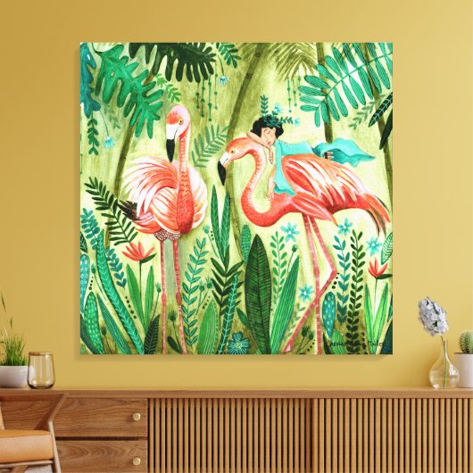 Flamingo's in de galerij van het tropische oerwoud canvas afdruk (Insitu (Woonkamer))