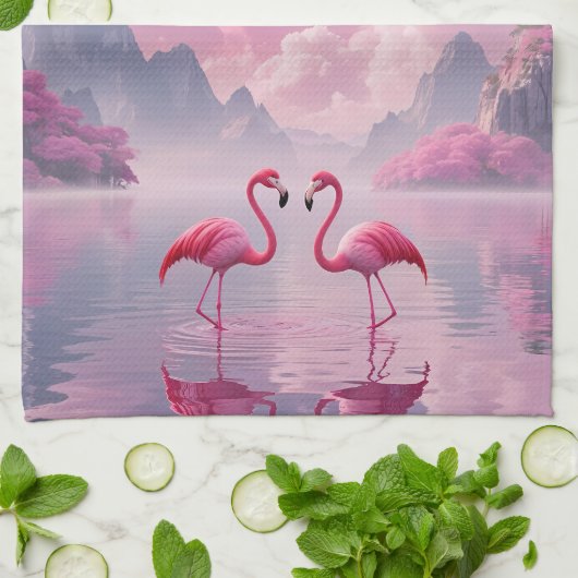 Flamingos in einer Traumwelt Theedoek (Gevouwen)