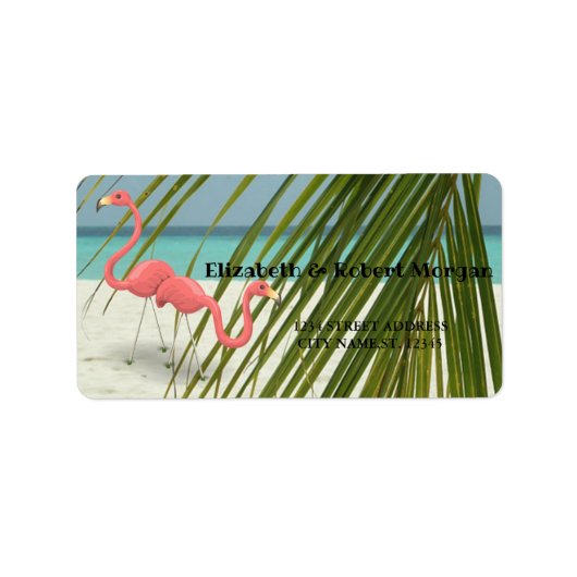 Flamingo's in Love, Strand, Palm   Trouwlabel Etiket (Voorkant)