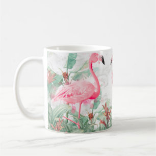 flamingos in tropische planten op een getextureerd koffiemok