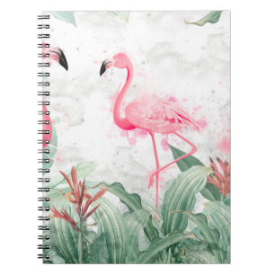 flamingos in tropische planten op een getextureerd notitieboek