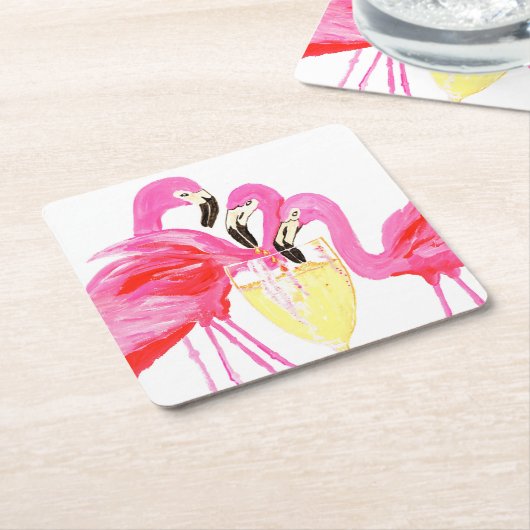Flamingo's in witte wijn kartonnen onderzetters (Schuin)