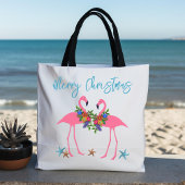 Flamingo's Kerstgroet Blauwe Zeester Tote Bag