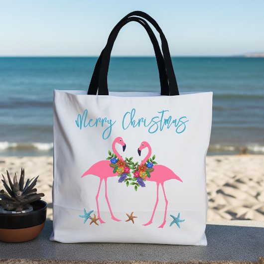 Flamingo's Kerstgroet Blauwe Zeester Tote Bag