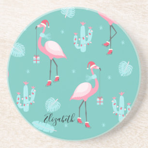 Flamingo's Kerstman Hoed Cadeaus Sneeuwvlokken Zandsteen Onderzetter