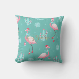 Flamingo's Kerstman Hoed Geeft Sneeuwvlokjes Kussen
