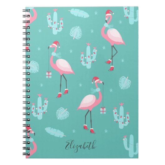 Flamingo's Kerstman Hoed Geeft Sneeuwvlokjes Notitieboek (Voorkant)