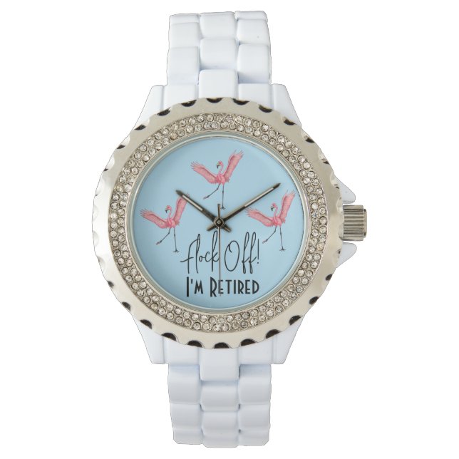 Flamingo's komen er af Ik ben met pensioen Grappig Horloge (Voorkant)