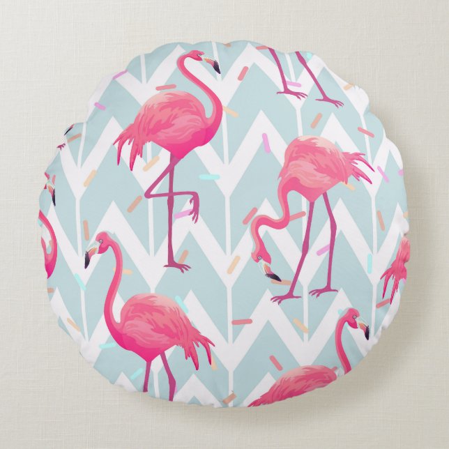 Flamingo's Lichtgrijs:  tropisch. Rond Kussen (Voorkant)