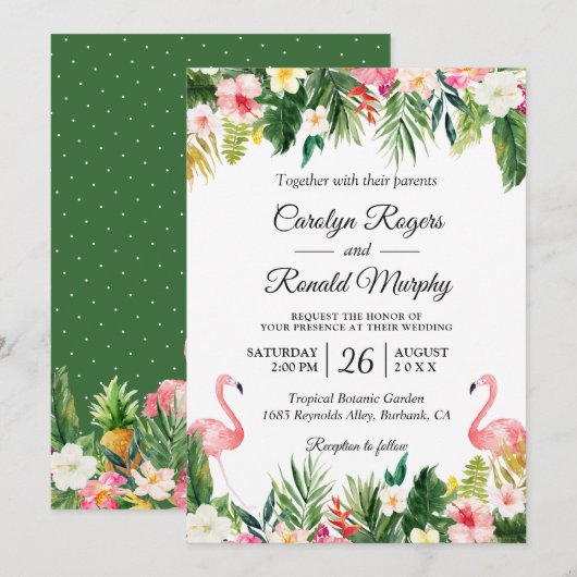 Flamingos Love Tropical Palm Leaves Floral Wedding Kaart (Voorkant / Achterkant)