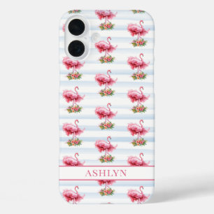 Flamingo's met Bloemen op Waterverf Strepen iPhone 16 Plus Hoesje