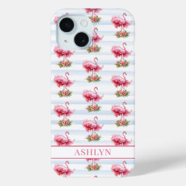 Flamingo's met Bloemen op Waterverf Strepen iPhone 15 Case