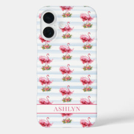 Flamingo's met Bloemen op Waterverf Strepen iPhone 16 Hoesje