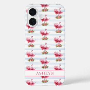 Flamingo's met Bloemen op Waterverf Strepen iPhone 16 Hoesje
