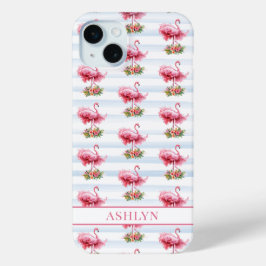 Flamingo's met Bloemen op Waterverf Strepen iPhone 15 Mini Hoesje