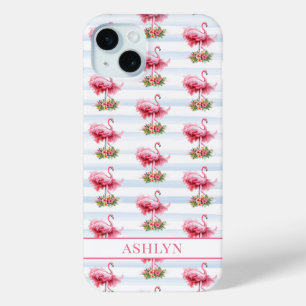 Flamingo's met Bloemen op Waterverf Strepen iPhone 15 Mini Hoesje