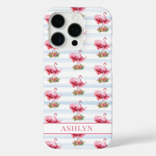 Flamingo's met Bloemen op Waterverf Strepen iPhone 16 Pro Hoesje