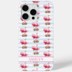 Flamingo's met Bloemen op Waterverf Strepen iPhone 15 Pro Max Hoesje