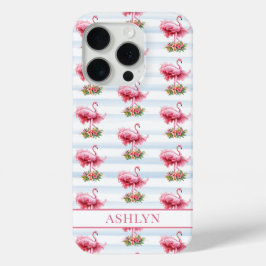 Flamingo's met Bloemen op Waterverf Strepen iPhone 15 Pro Case