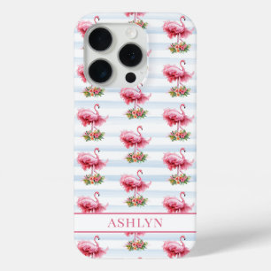 Flamingo's met Bloemen op Waterverf Strepen iPhone 15 Pro Case