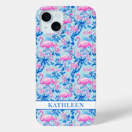 Flamingo's met Roze Bloemen Monogram iPhone 15 Mini Hoesje