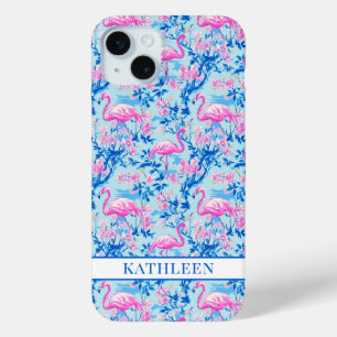 Flamingo's met Roze Bloemen Monogram iPhone 15 Mini Hoesje
