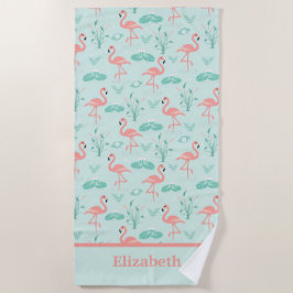 Flamingo's Monogram Tropische Vogel Roze Groen  Strandlaken