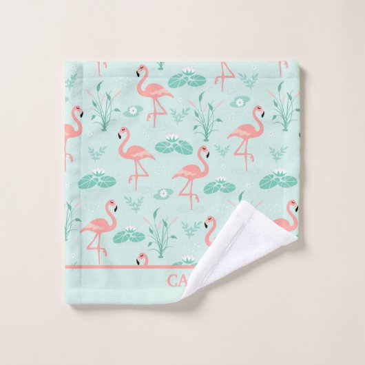 Flamingo's Monogram Tropische Vogelroze Groen Bad Handdoek (Wasdoekje)