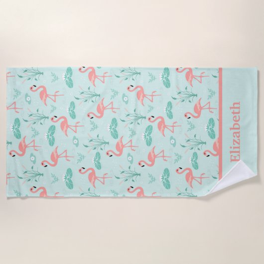Flamingo's Monogram Tropische Vogelroze Groen Strandlaken (Voorkant)