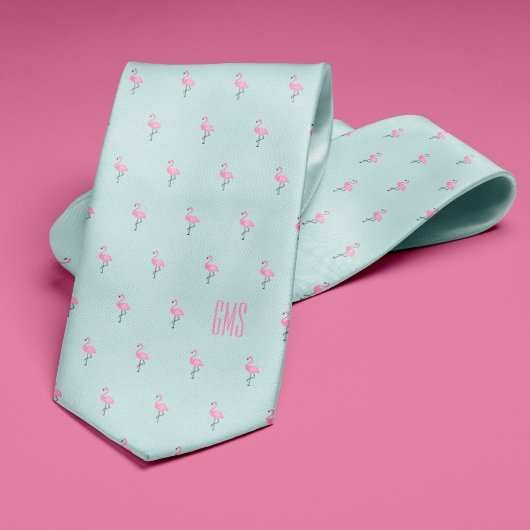 Flamingos Monogrammed Light Blue Stropdas