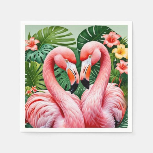 flamingo's nekken roze hart tropisch papier servet (Voorkant)