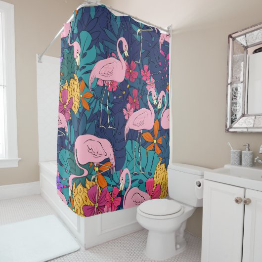 Flamingos on a background of tropical leaves and f douchegordijn (In situ)