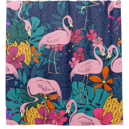 Flamingos on a background of tropical leaves and f douchegordijn (Voorkant)