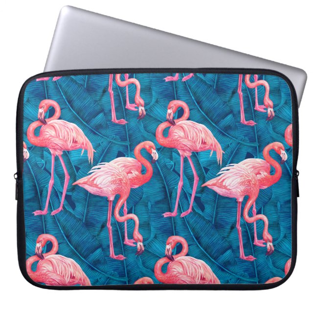 Flamingos on blue banana leaves laptop sleeve (Voorkant)